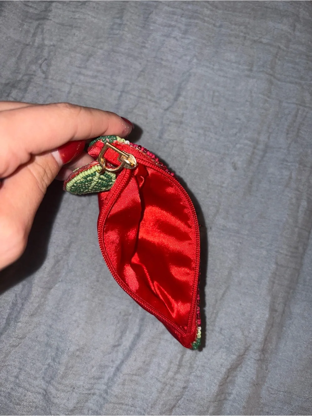 Beaded Watermelon Coin Purse with Leaf Charm - Red Green